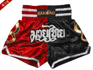 Spodenki Muay Thai dla dzieci KANONG : KNS-143-Czerwony-Czarny-K