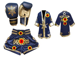 Rękawice + Szlafrok + Spodenki Muay Thai Kanong : Set 121 Ciemnoniebieski