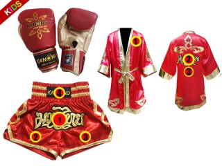 Rękawice + Szlafrok + Spodenki Muay Thai Kanong dla dzieci : Set 121 Czerwony