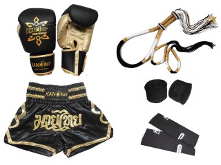 Zestaw rękawic do muay thai i spodenek do kickboxingu z akcesoriami : Zestaw-121-Czarny