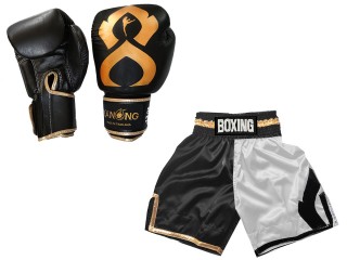Pasujące rękawice bokserskie i spodenki bokserskie: KNCUSET-202-Czarny-Biały