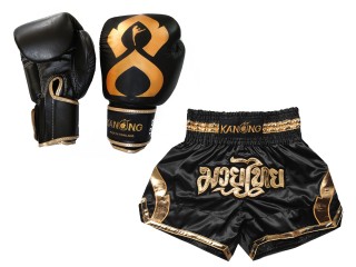 Pasujące rękawiczki Muay Thai i szorty Muay Thai : Set-144-Gloves-Czarny-Złoto