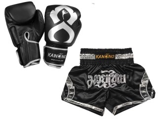 Pasujące rękawiczki Muay Thai i szorty Muay Thai: Set-144-Gloves-Czarny-Srebro