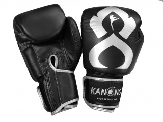 Prawdziwe skórzane rękawiczki Muay Thai Kanong : Czarny/Srebro 