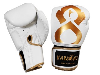 Prawdziwe skórzane rękawiczki Muay Thai Kanong : Biały/Złoto 
