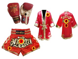 Rękawice + Szlafrok + Spodenki Muay Thai Kanong : Set 121 Czerwony