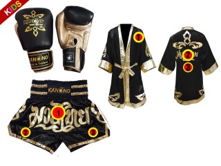 Rękawice + Szlafrok + Spodenki Muay Thai Kanong dla dzieci : Set 121 Czarny
