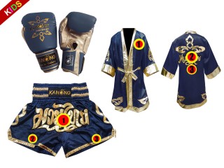 Rękawice + Szlafrok + Spodenki Muay Thai Kanong dla dzieci : Set 121 Ciemnoniebieski