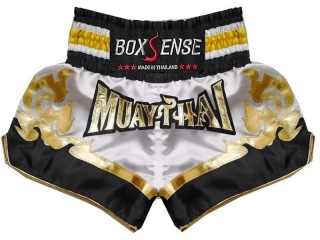 Spodenki Muay Thai Kickboxingu Boxsense : BXS-099-Biały-Czarny