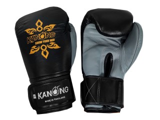 Prawdziwe skórzane rękawiczki Muay Thai Kanong : Czarny/szary