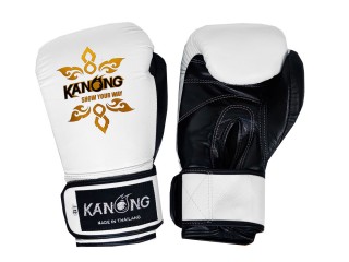 Prawdziwe skórzane rękawiczki Muay Thai Kanong : Biały/Czarny